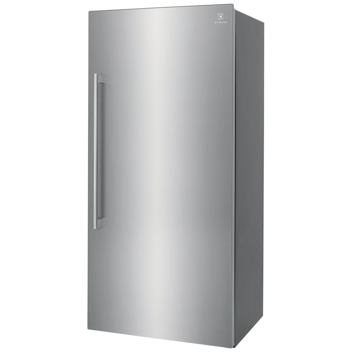 Angled front view of Electrolux stainless steel all-refrigerator column with long vertical handle