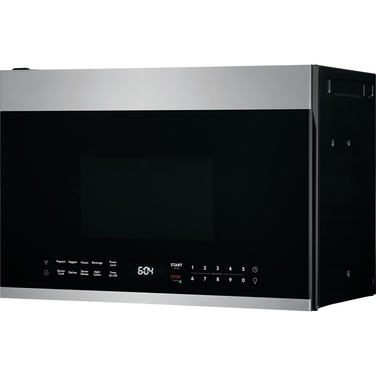 Angled front view of the over-the-range microwave showing the full-width black glass door and touch controls