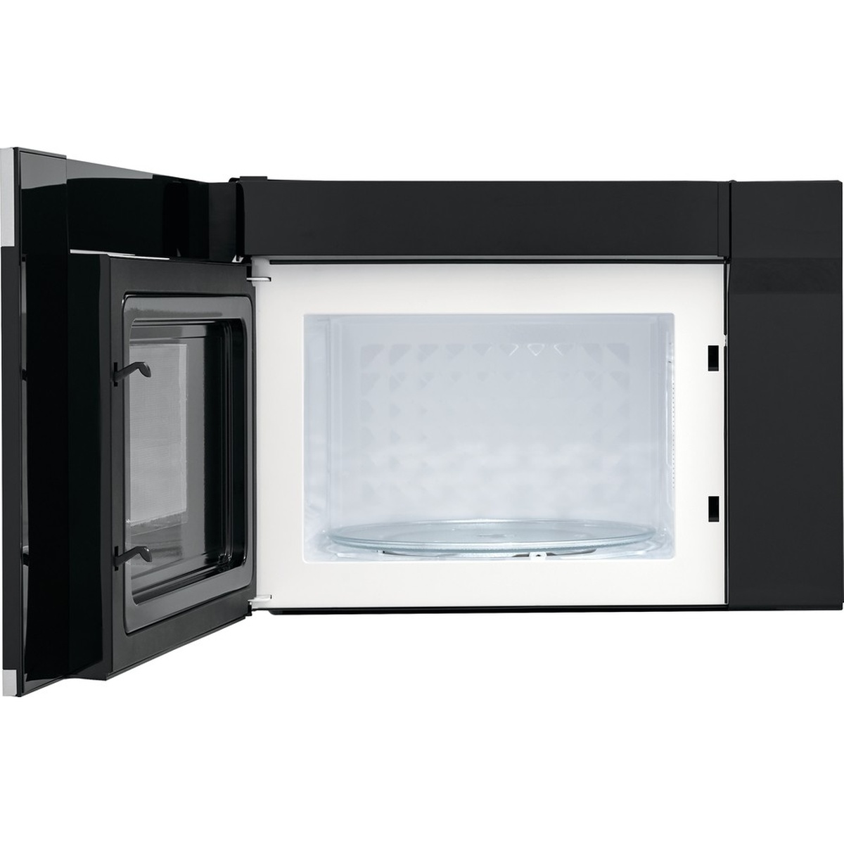 Open microwave door showing the interior cavity and glass turntable