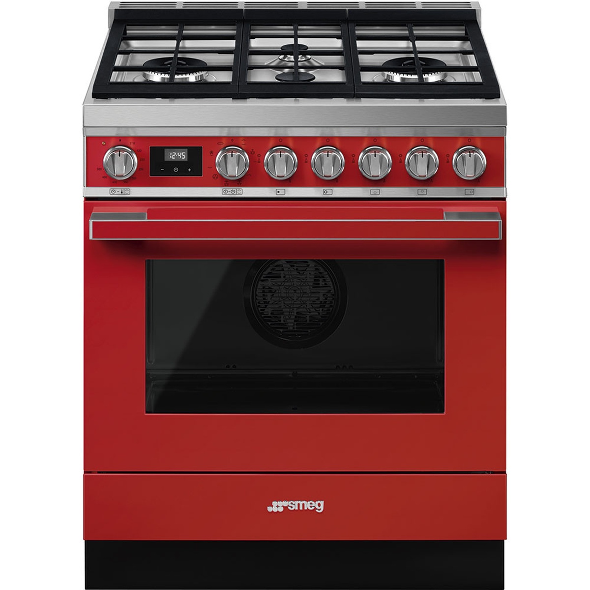 Front view of a red Smeg freestanding range showing the stainless trim, control panel, oven window, and lower storage drawer