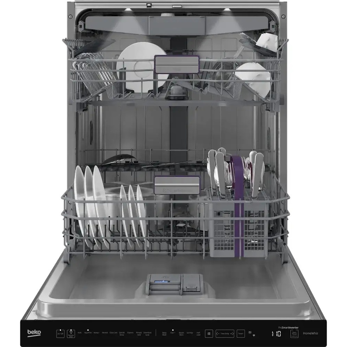 Open Beko dishwasher showing stainless interior with three racks and a utensil basket