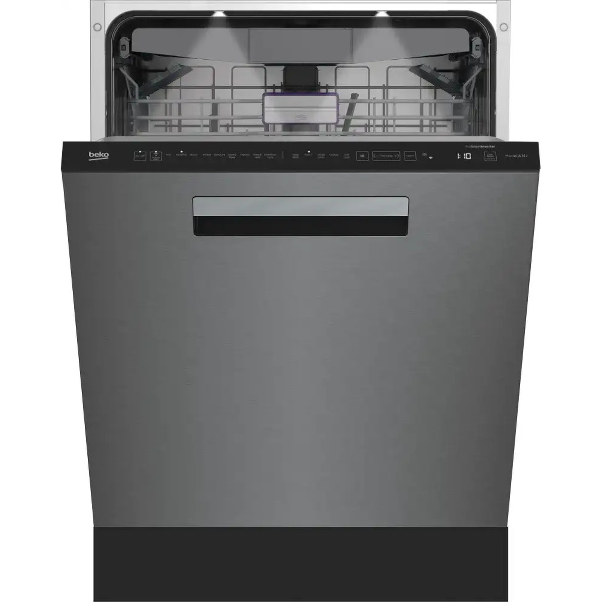 Front view of a stainless steel Beko top-control dishwasher with a pocket handle