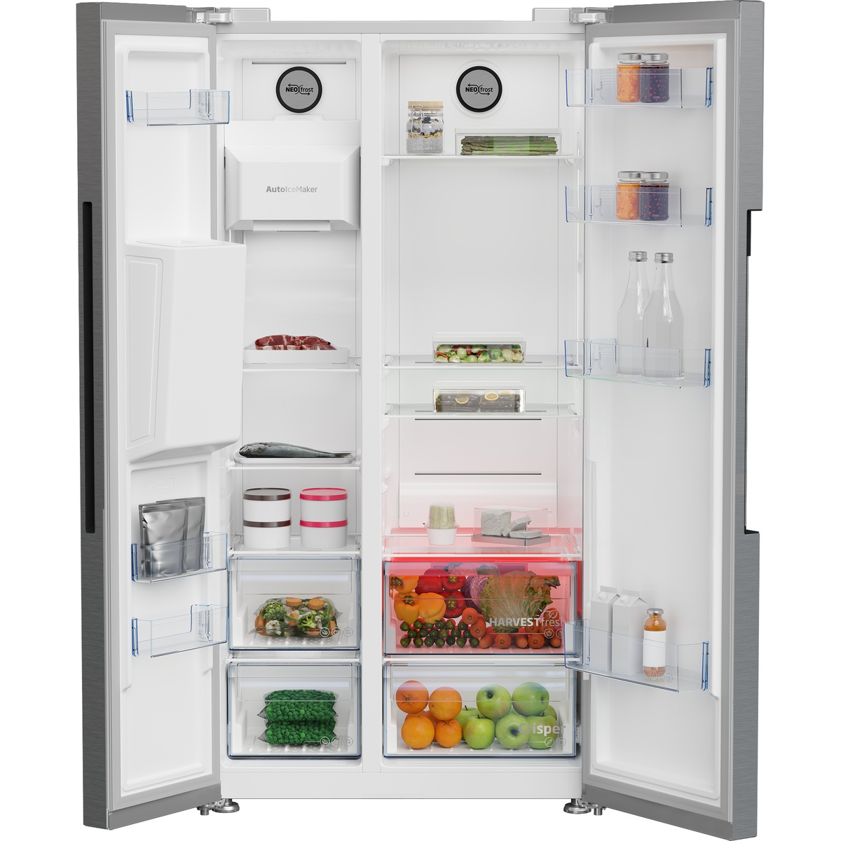 Open Beko side-by-side refrigerator showing shelves, door bins, an AutoIceMaker compartment, and HarvestFresh produce drawers