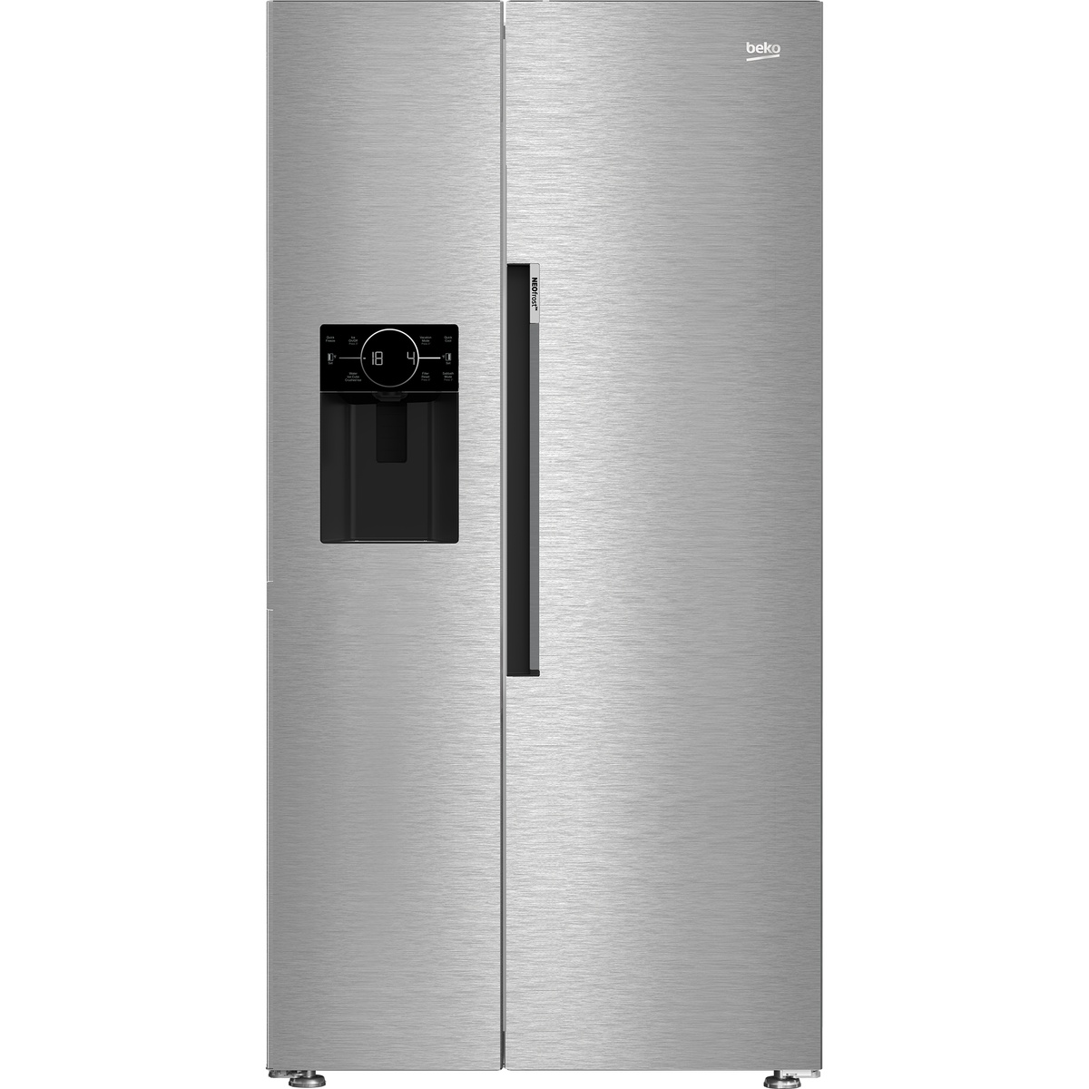 Front view of a Beko stainless side-by-side refrigerator showing the door ice and water dispenser with a digital control panel
