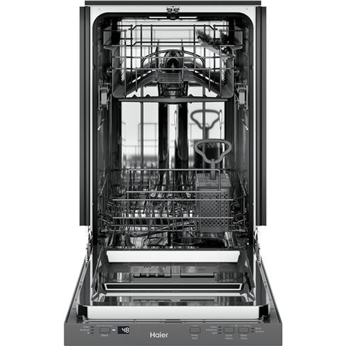 Open Haier 18-inch dishwasher showing stainless interior with two racks, a silverware basket, and top control panel with digital display