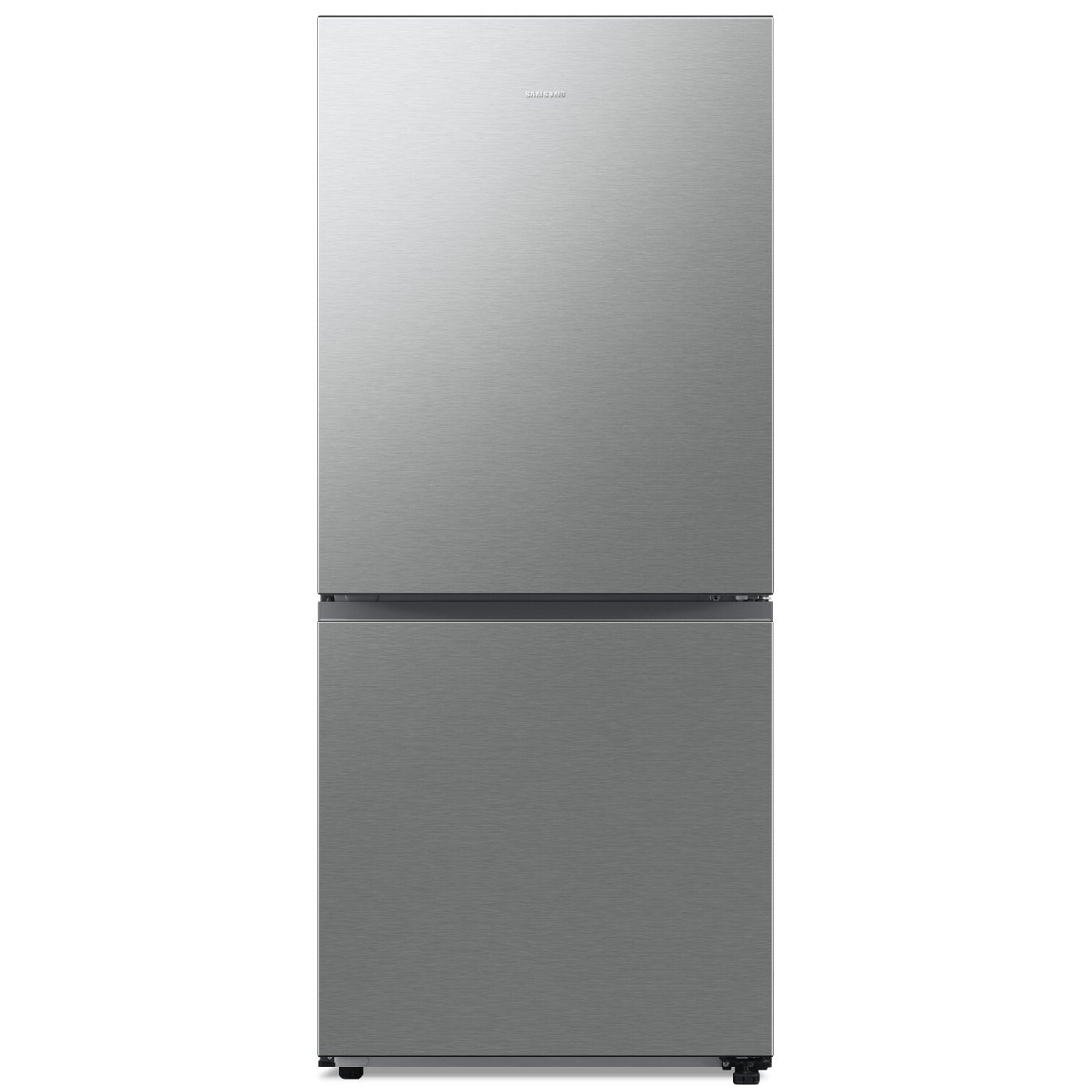 Front view of Samsung counter-depth bottom-freezer refrigerator in stainless-look finish