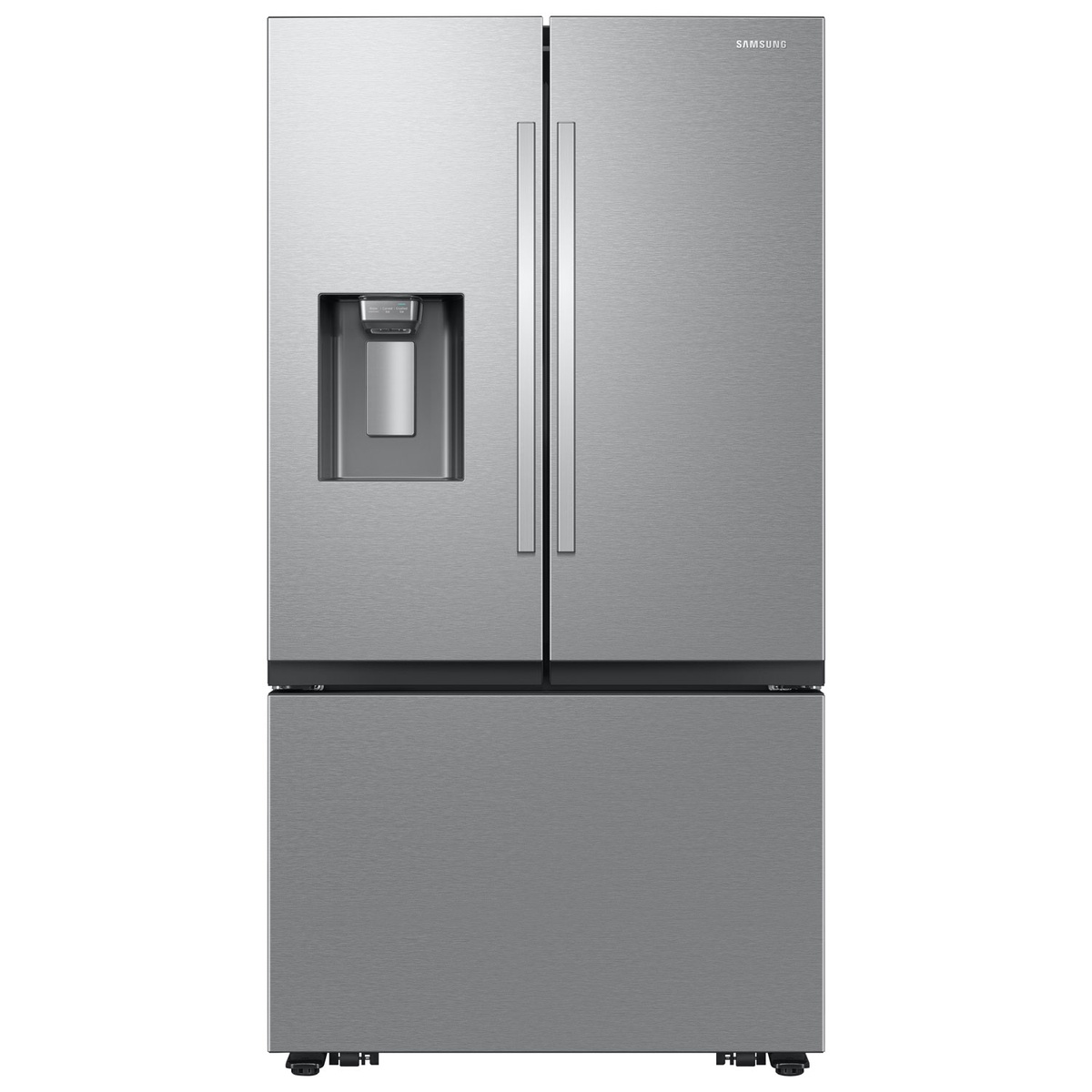 Front view of a stainless steel Samsung counter-depth French door refrigerator with an external dispenser