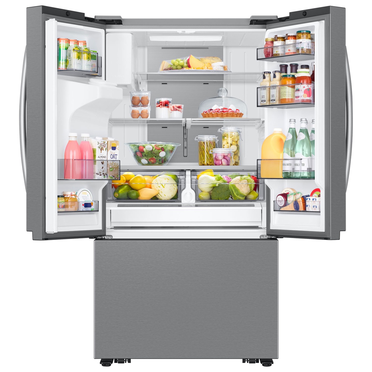 Open Samsung French door refrigerator showing glass shelves, two crisper drawers, and multiple door bins filled with food and drinks