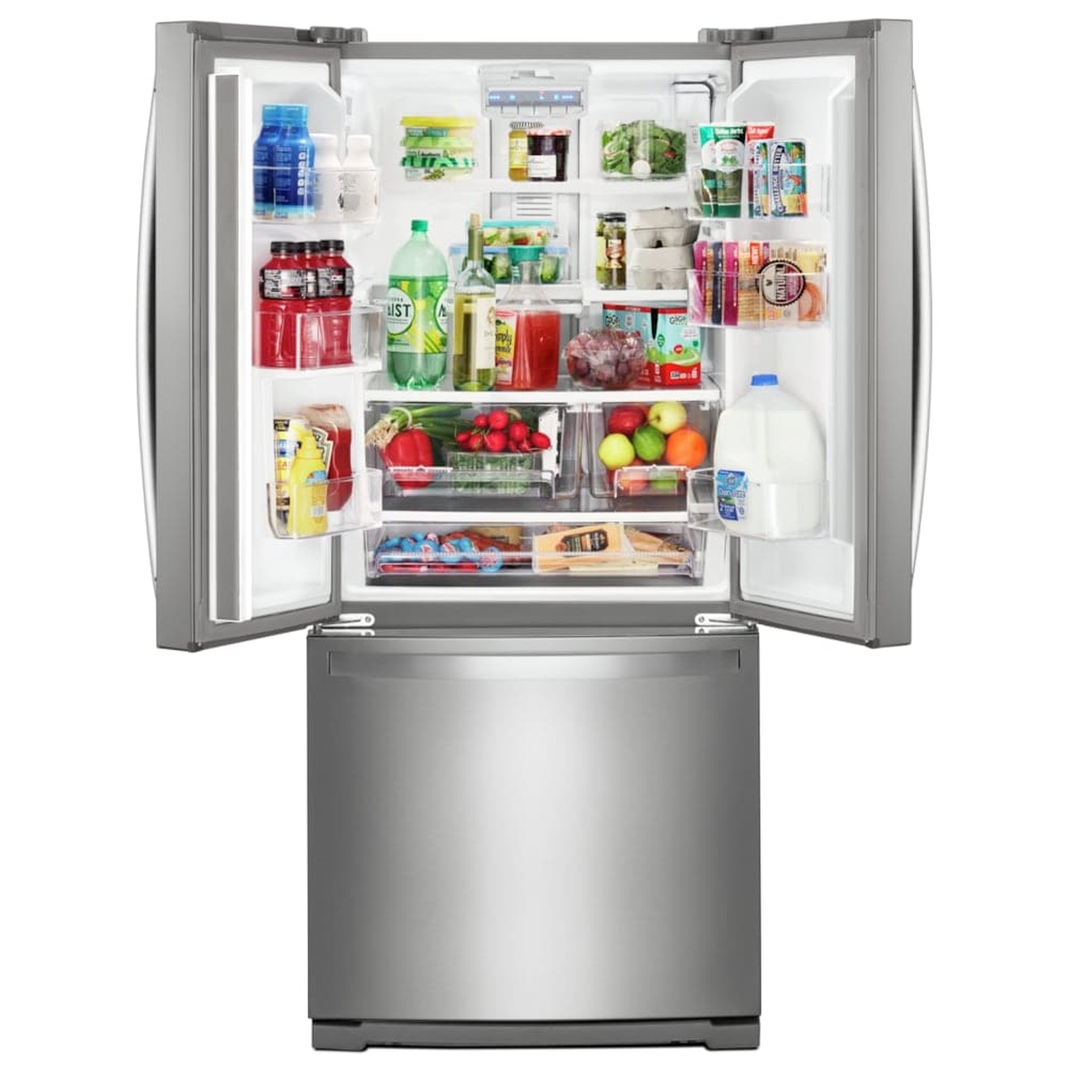 Open Whirlpool French door refrigerator showing shelves, door bins, and a wide drawer with groceries inside