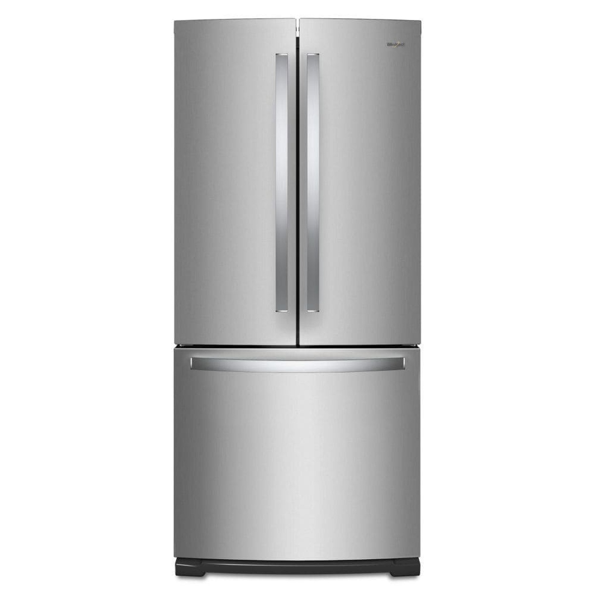 Front view of a Whirlpool fingerprint-resistant stainless steel French door refrigerator with bottom freezer drawer