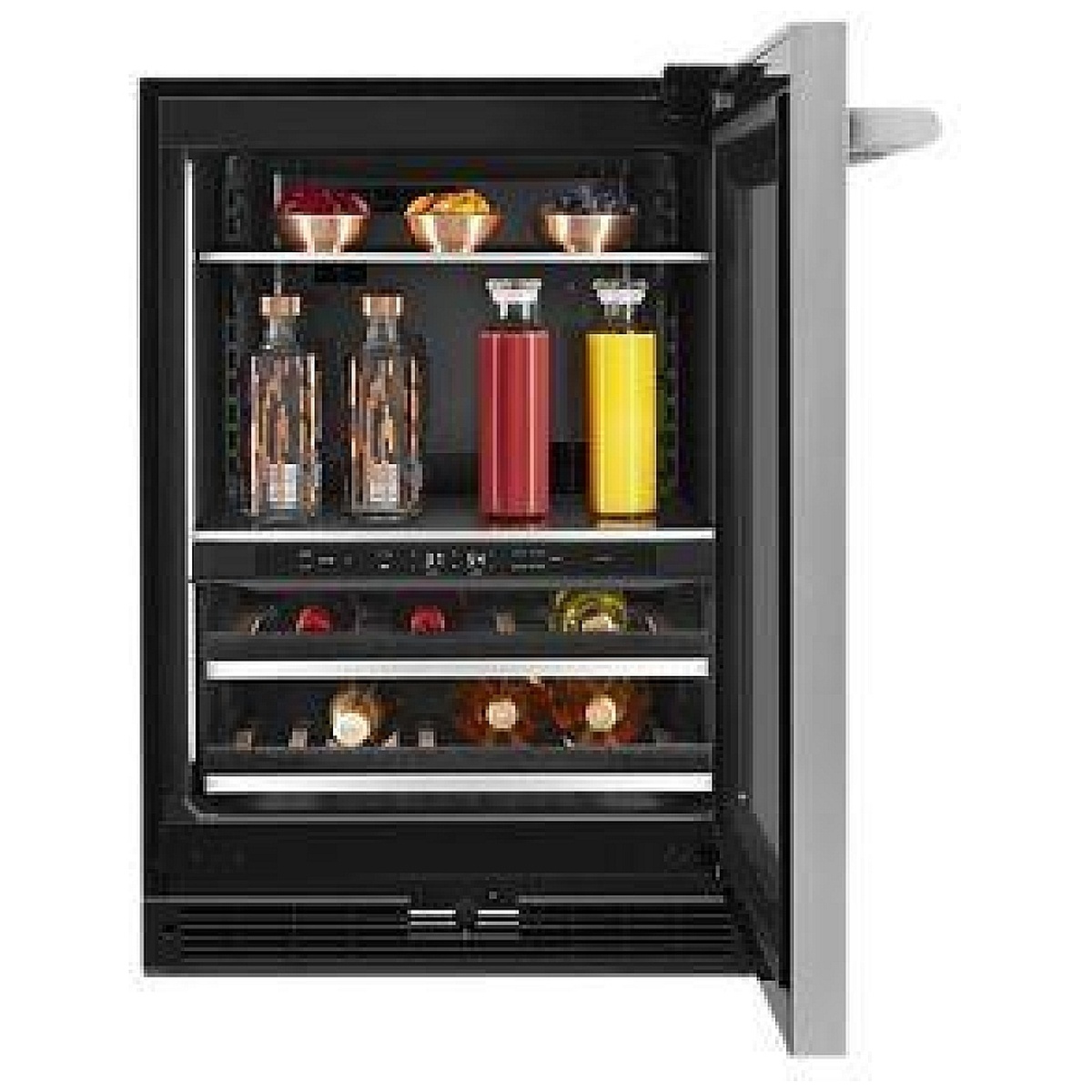 Open JennAir undercounter beverage center showing illuminated interior with glass shelves and two slide-out wine racks holding bottles