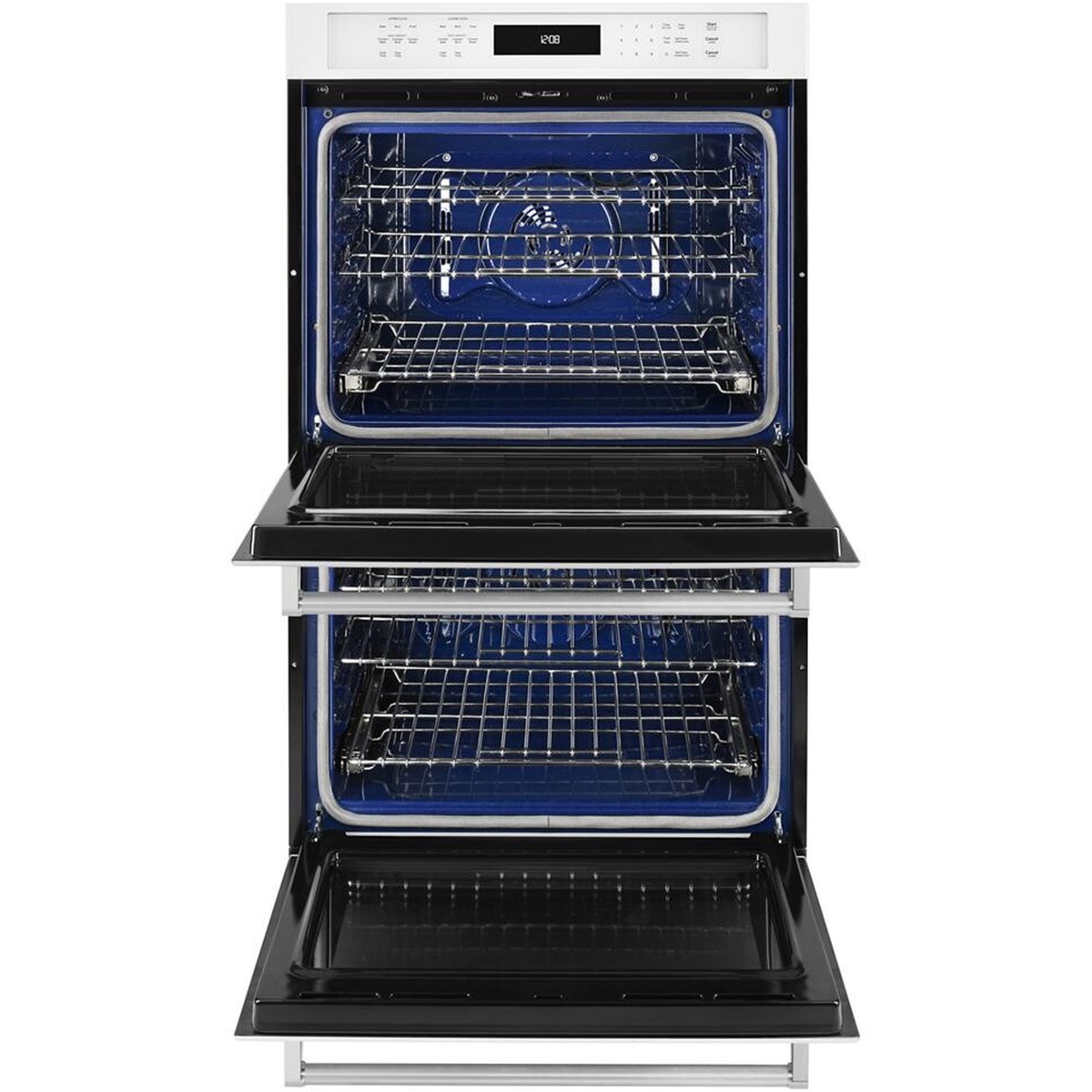 KitchenAid double wall oven with both doors open, showing blue enamel interiors, interior lights, and multiple chrome racks