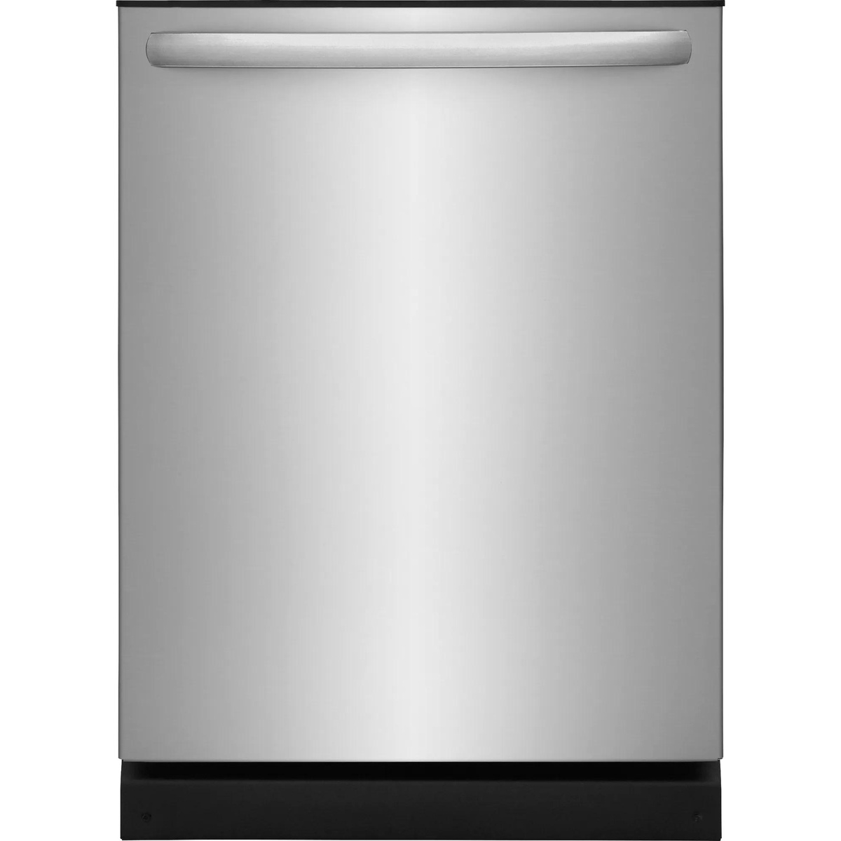Front view of a stainless steel Frigidaire built-in dishwasher with a curved bar handle