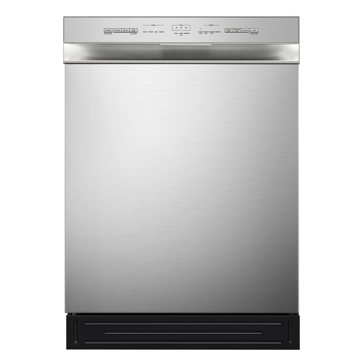 Front view of a stainless-look built-in dishwasher with a front control panel
