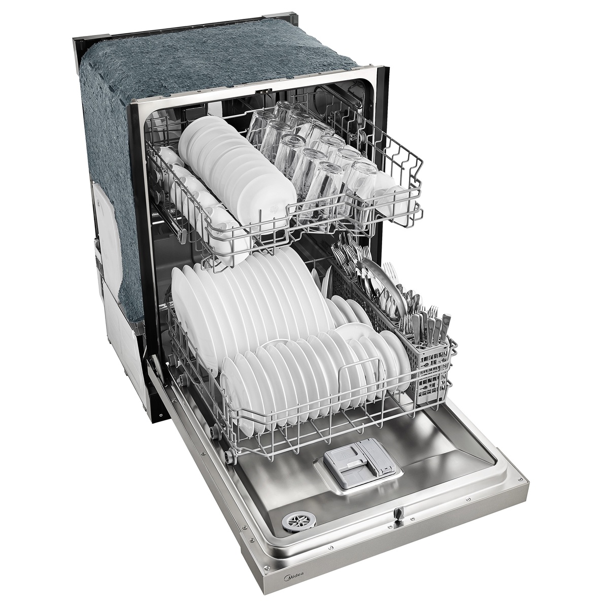 Open built-in dishwasher showing two racks with dishes and a cutlery basket