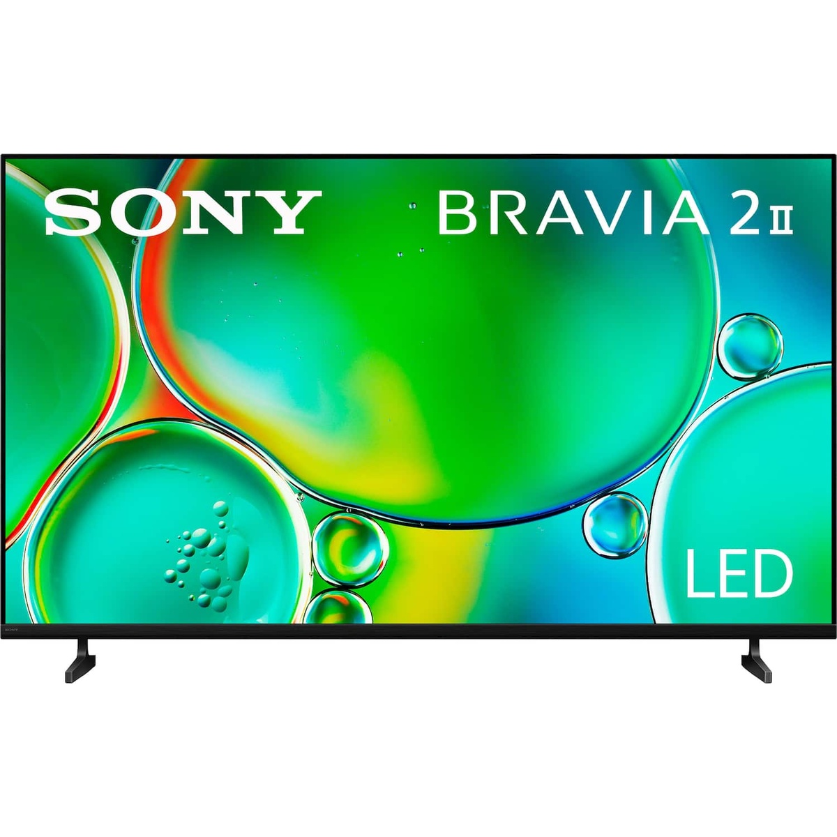 Front view of a Sony BRAVIA 2 II television on its tabletop stand with a colorful screen