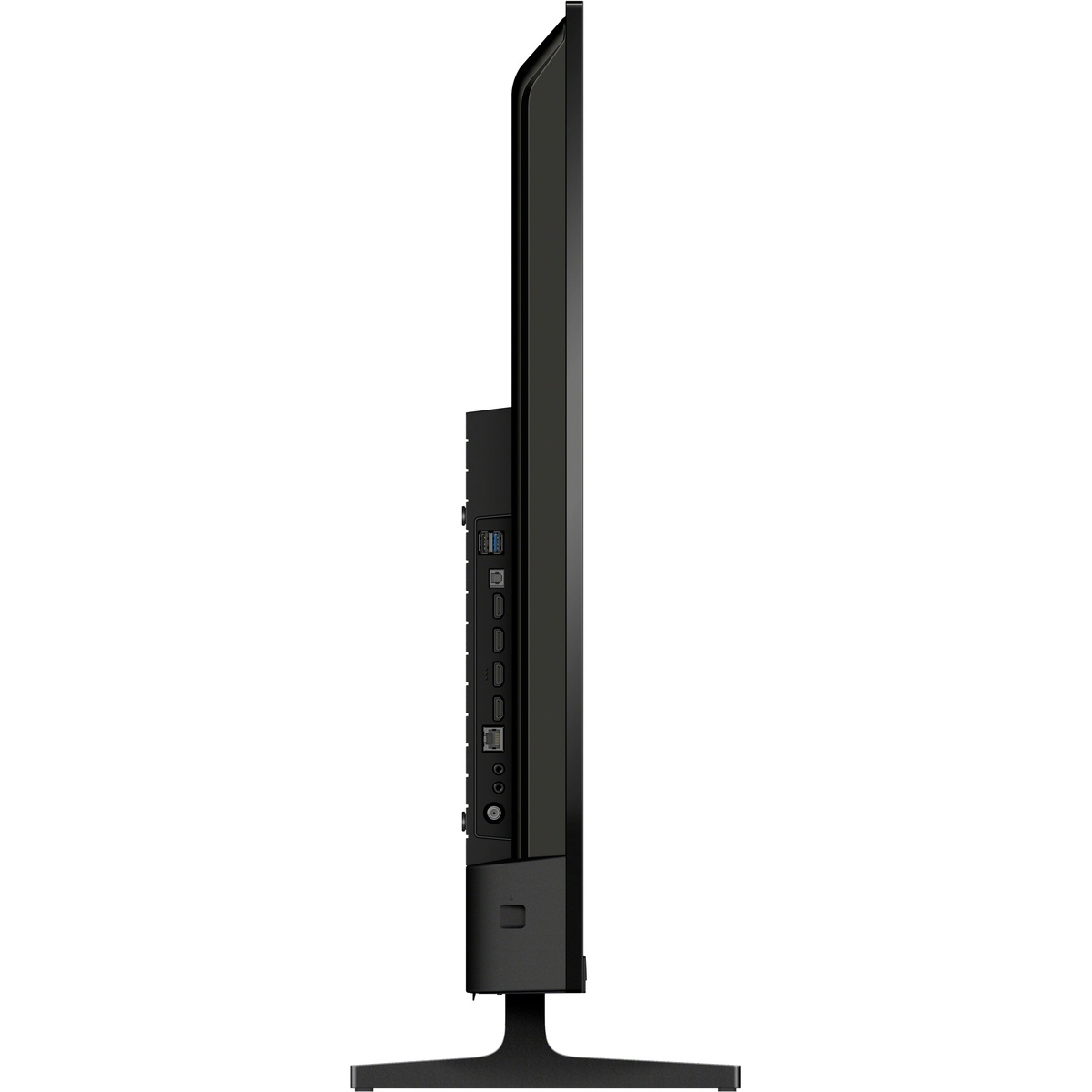 Side view of the Sony BRAVIA TV showing its slim profile and rear input panel with multiple HDMI and USB ports