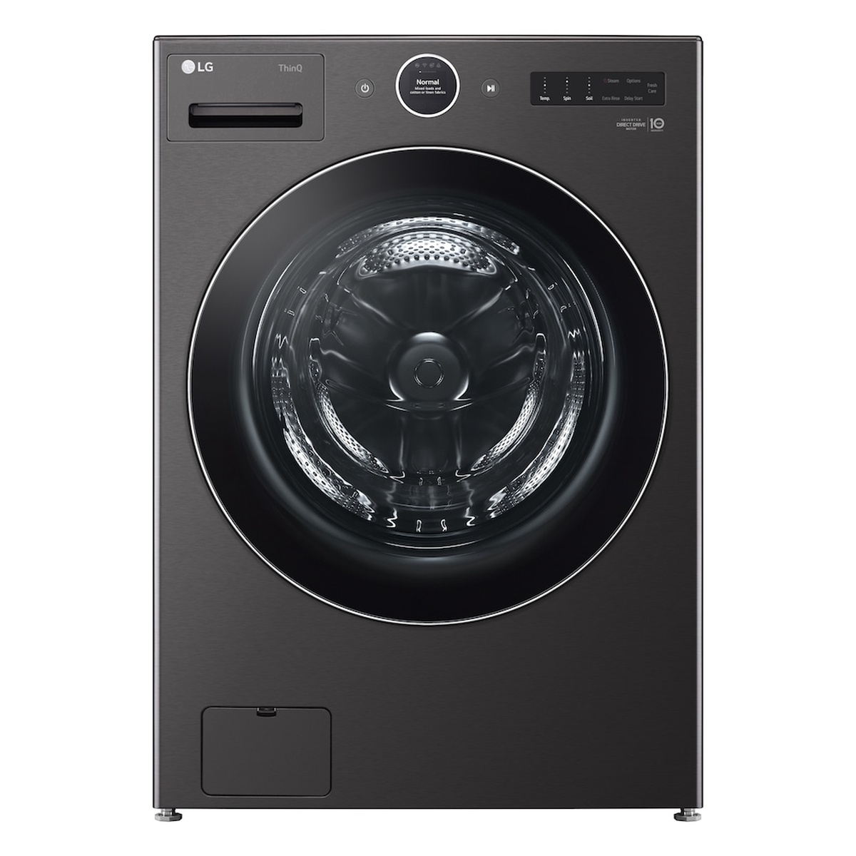 Front view of the LG WM6700HBA front load washer in black steel with a tinted glass door and front controls