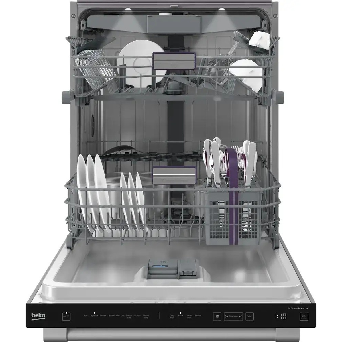 Open Beko dishwasher showing stainless interior with upper and lower racks, cutlery basket, and top controls