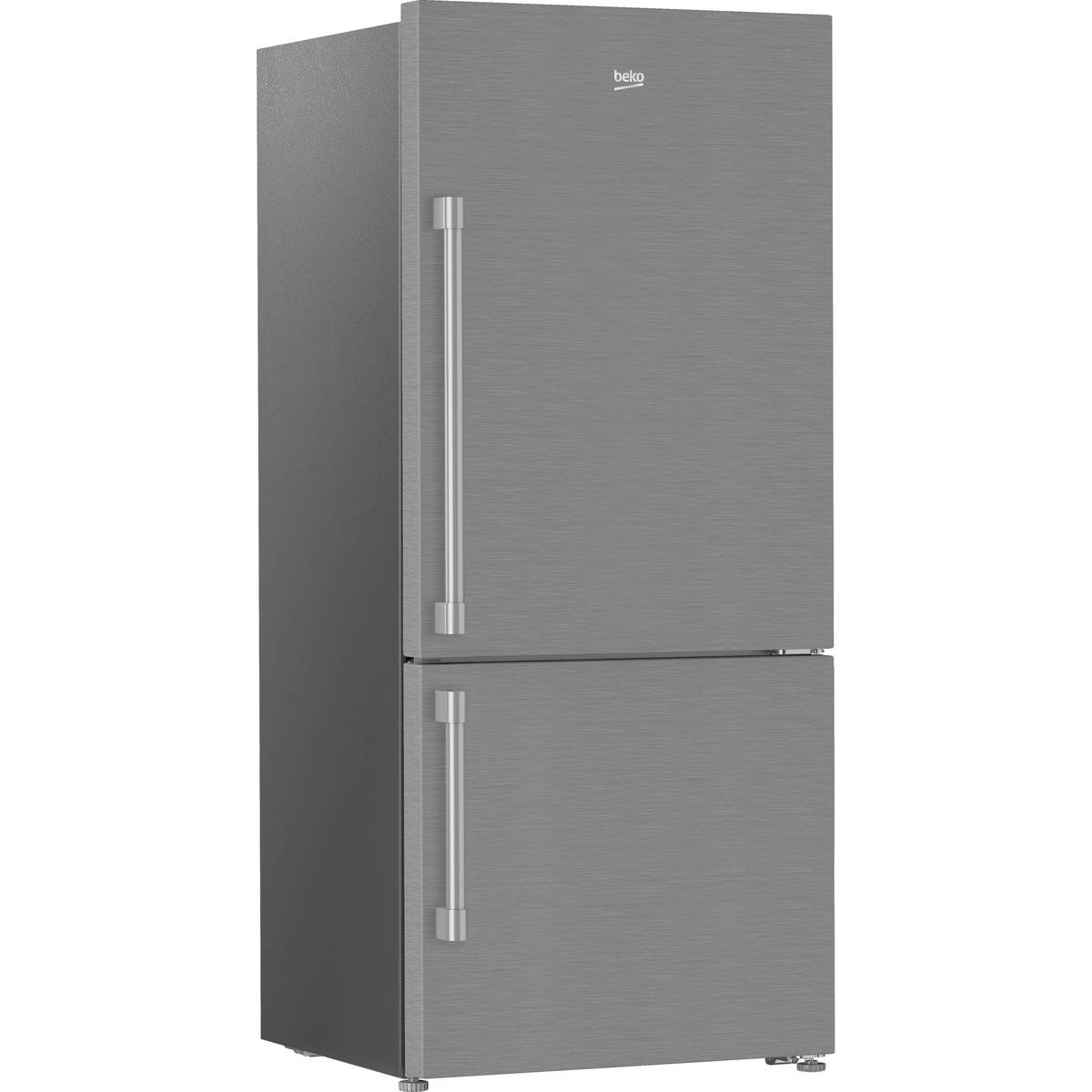 Angled view of a Beko bottom-freezer refrigerator in fingerprint-free stainless steel with long bar handles