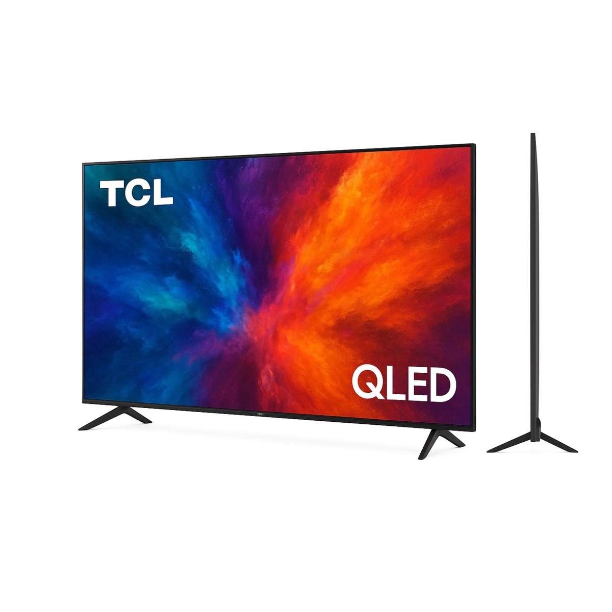 TCL QLED TV shown from the front and side with thin bezels and two angled feet