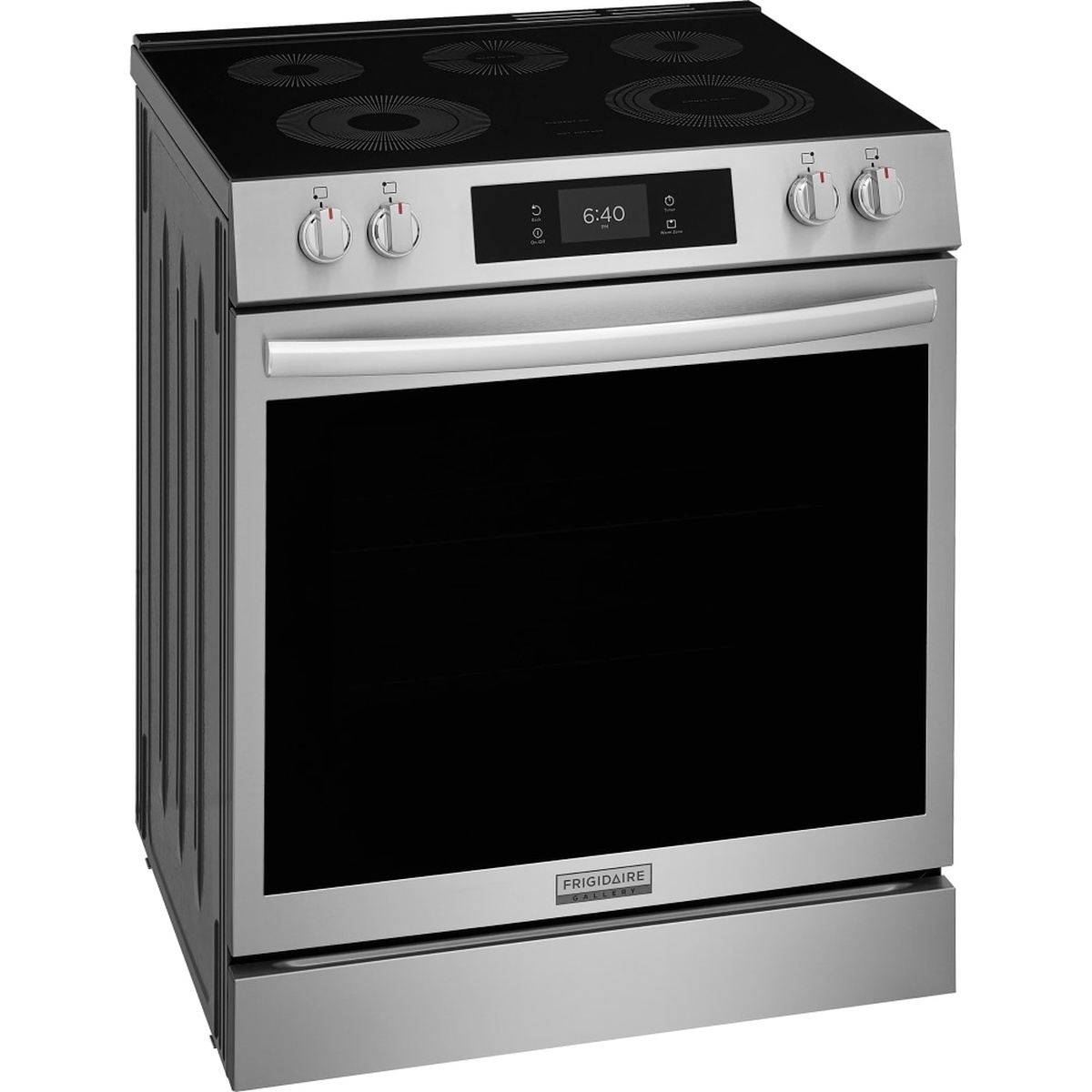Angled view of a Frigidaire Gallery stainless steel front-control electric range with smooth glass cooktop and knob controls