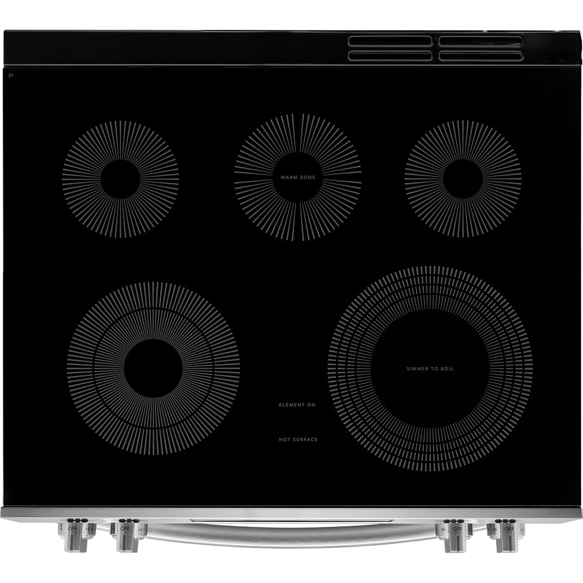 Top-down view of the smooth black glass cooktop showing five cooking zones and a labeled warm zone