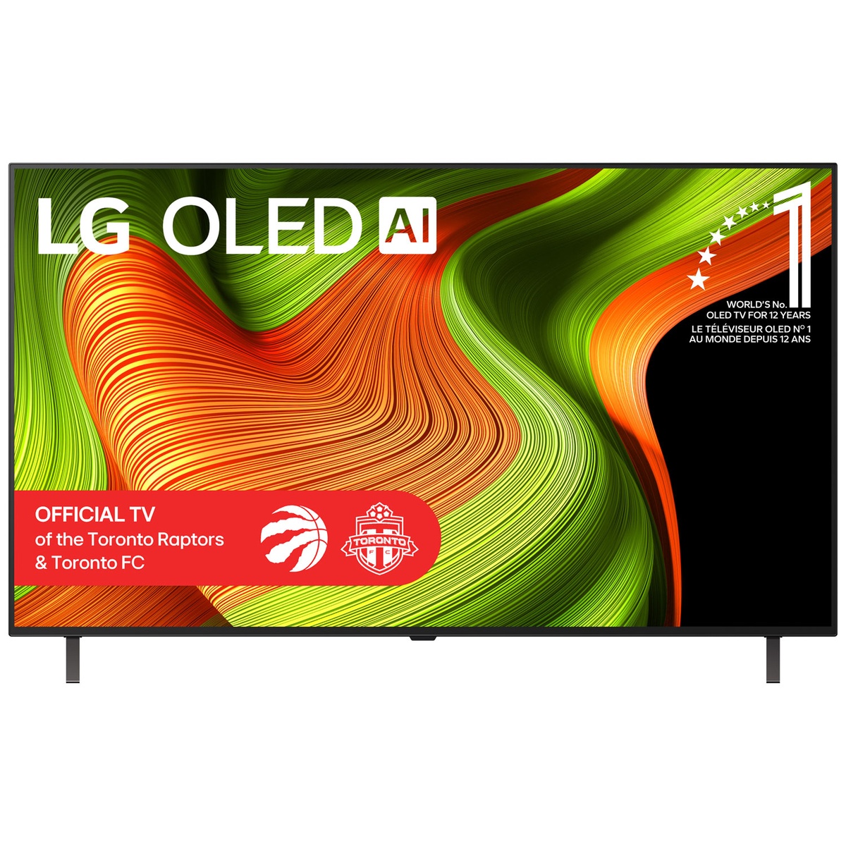 Front view of an LG OLED TV with LG OLED AI branding and text stating the world’s No. 1 OLED TV for 12 years