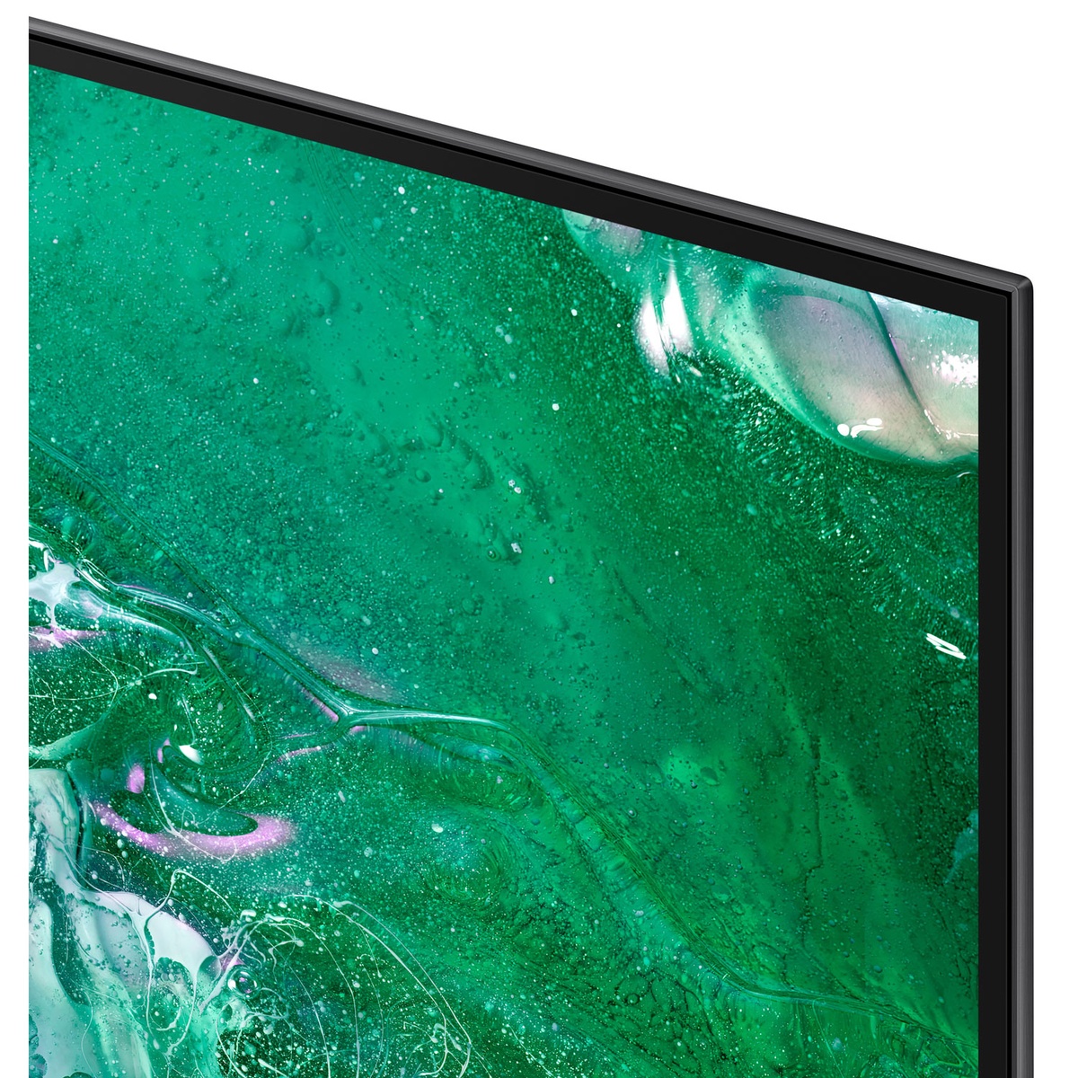 Close-up of the TV corner showing the thin black bezel and screen edge