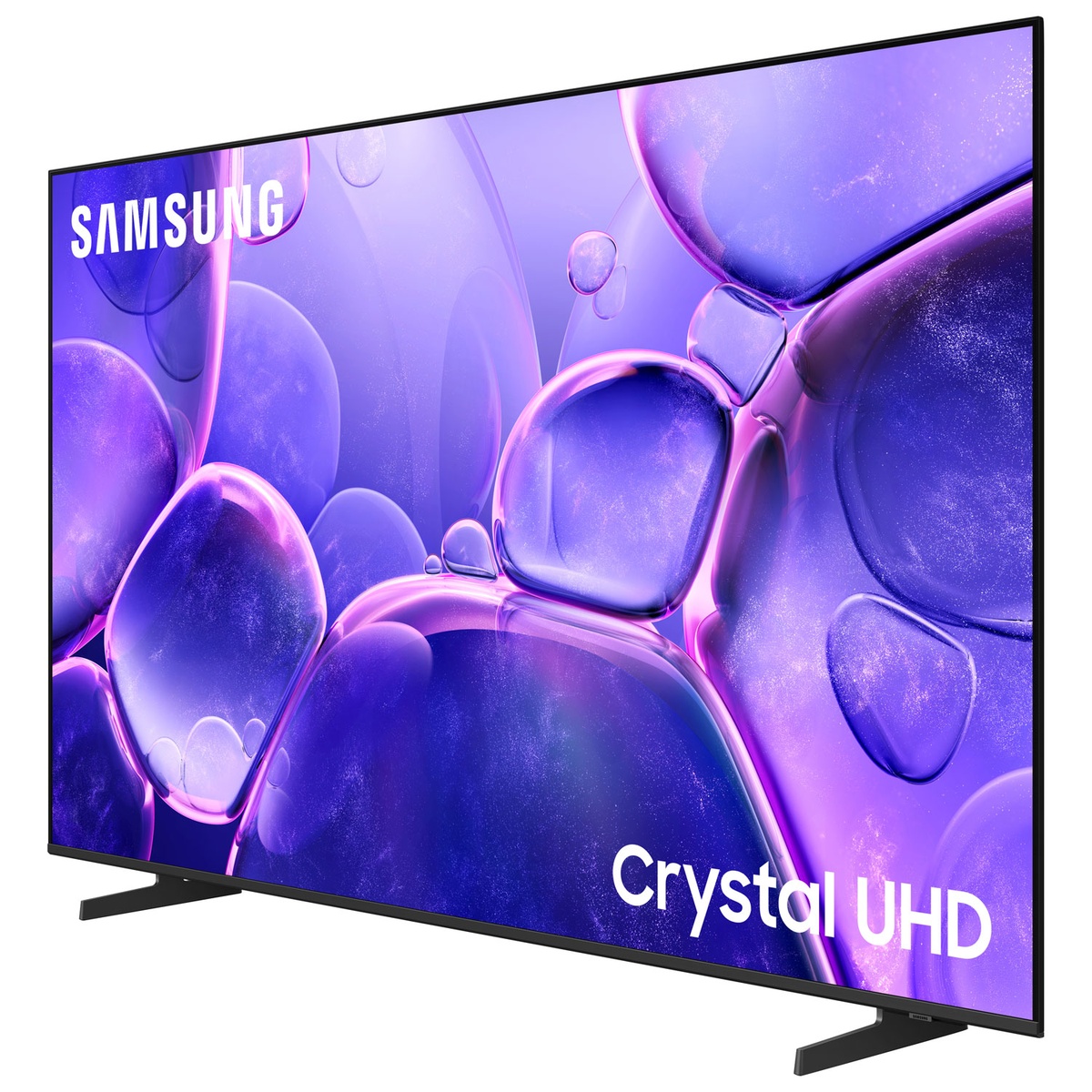 Angled front view of a Samsung Crystal UHD TV showing a thin bezel and wide-set feet