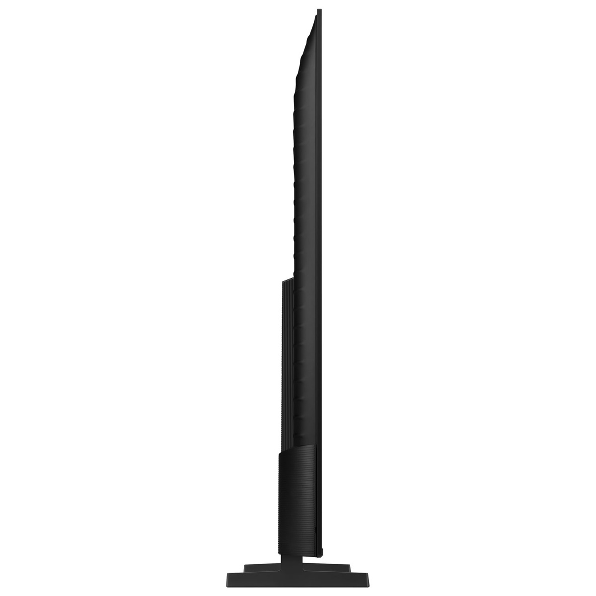 Side profile of a Samsung TV showing its slim screen panel and stand