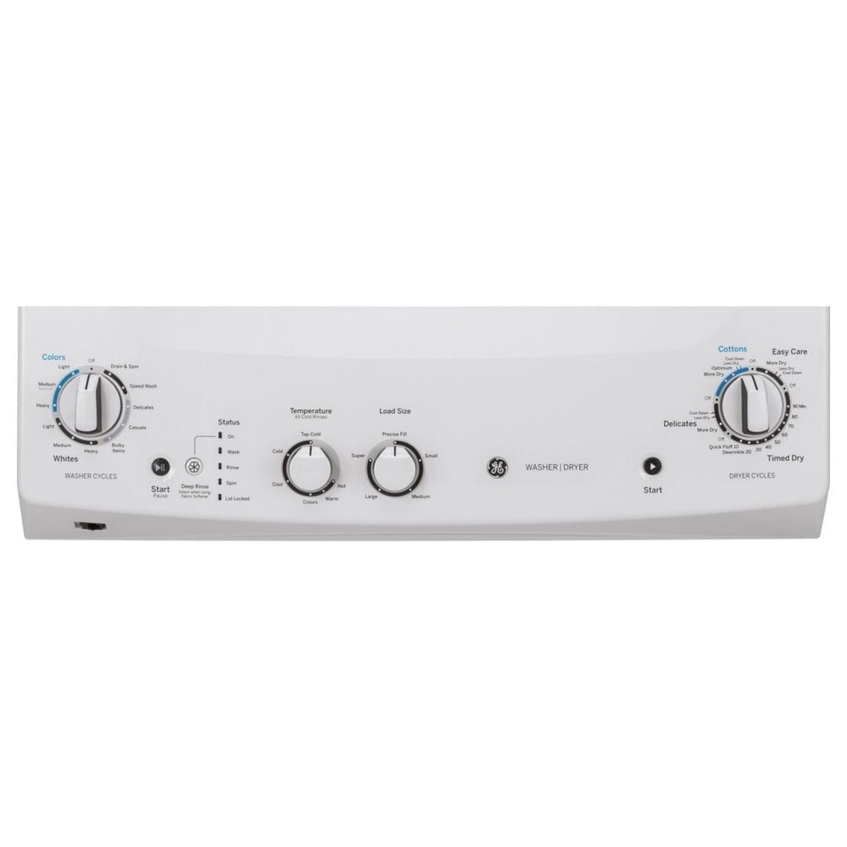 Close-up of the GE unitized laundry centre control panel with washer and dryer cycle dials plus temperature and load size knobs