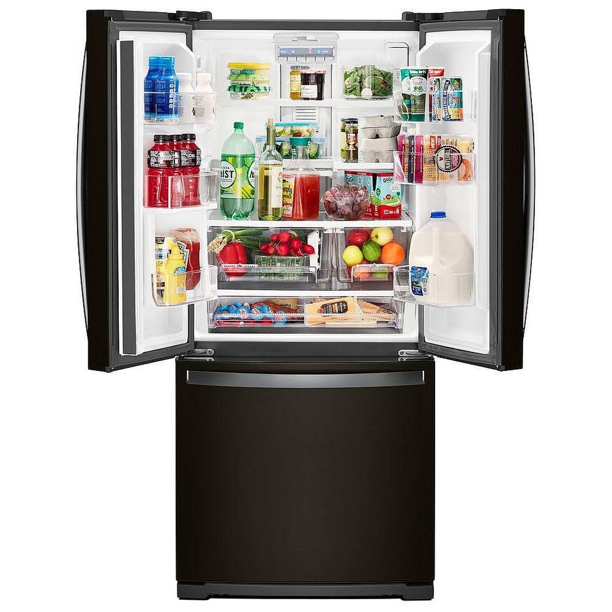 Whirlpool WRF560SMHV refrigerator with both upper doors open, showing glass shelves, door bins, crispers, and a wide pantry-style drawer