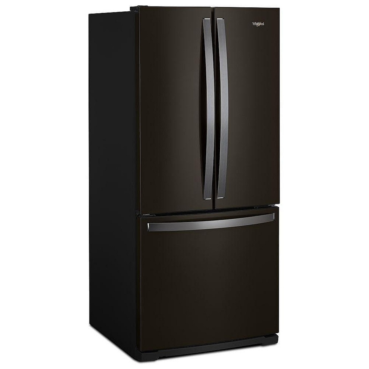 Angled view of the Whirlpool WRF560SMHV black stainless French door refrigerator with a bottom freezer drawer
