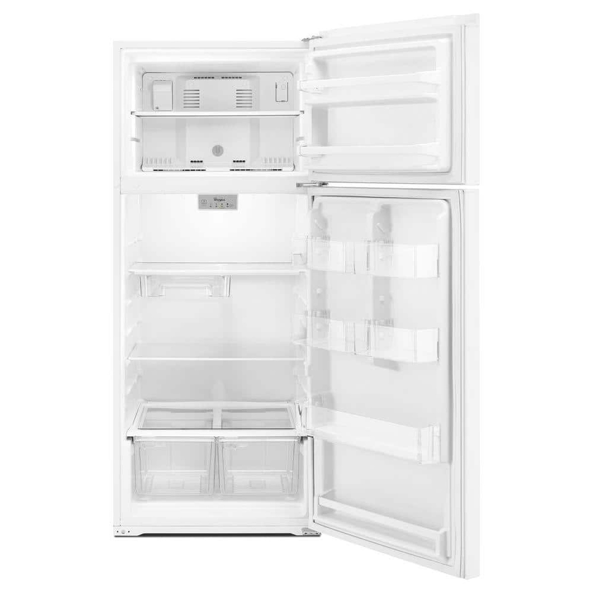 Open Whirlpool top-freezer refrigerator showing the empty interior with shelves, door bins, crisper drawers, and the interior temperature control panel