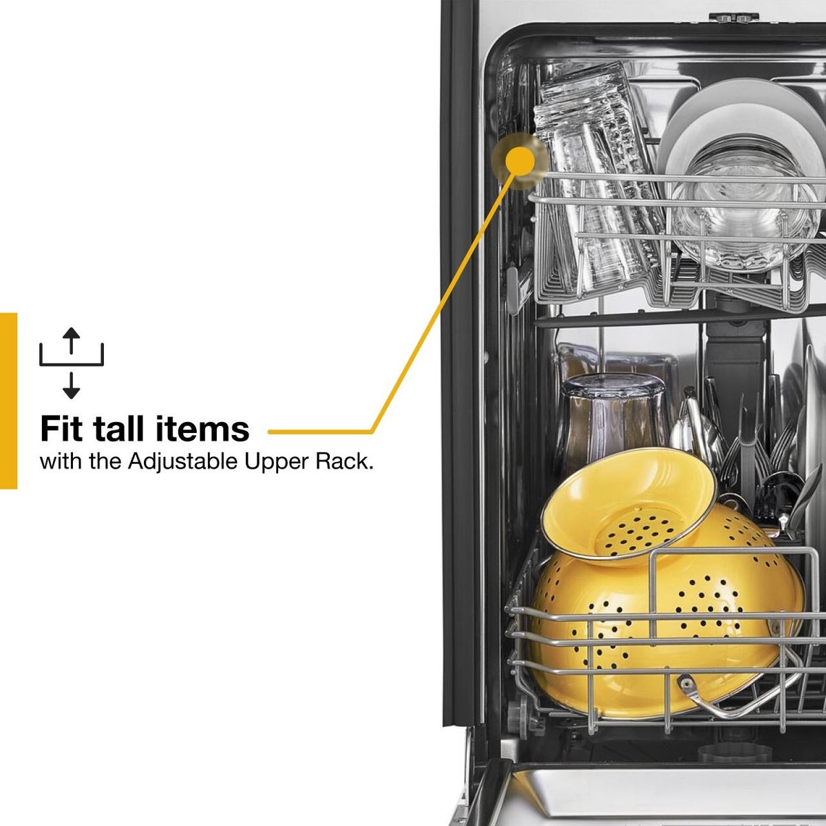Open dishwasher interior with text callout highlighting the adjustable upper rack for fitting tall items