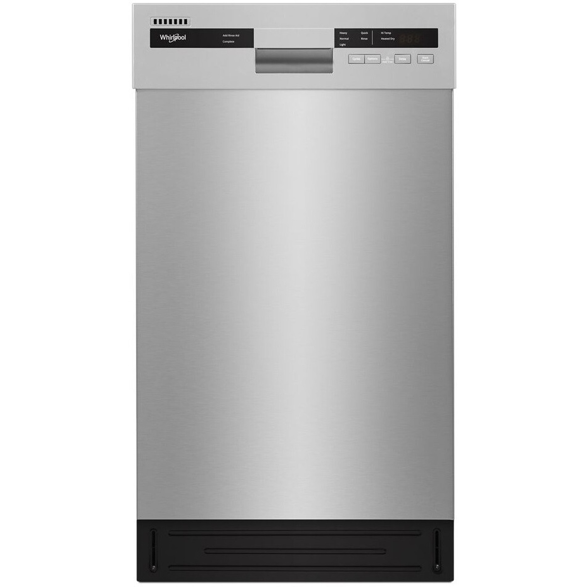 Front view of a stainless steel Whirlpool 18-inch dishwasher with a full console control panel