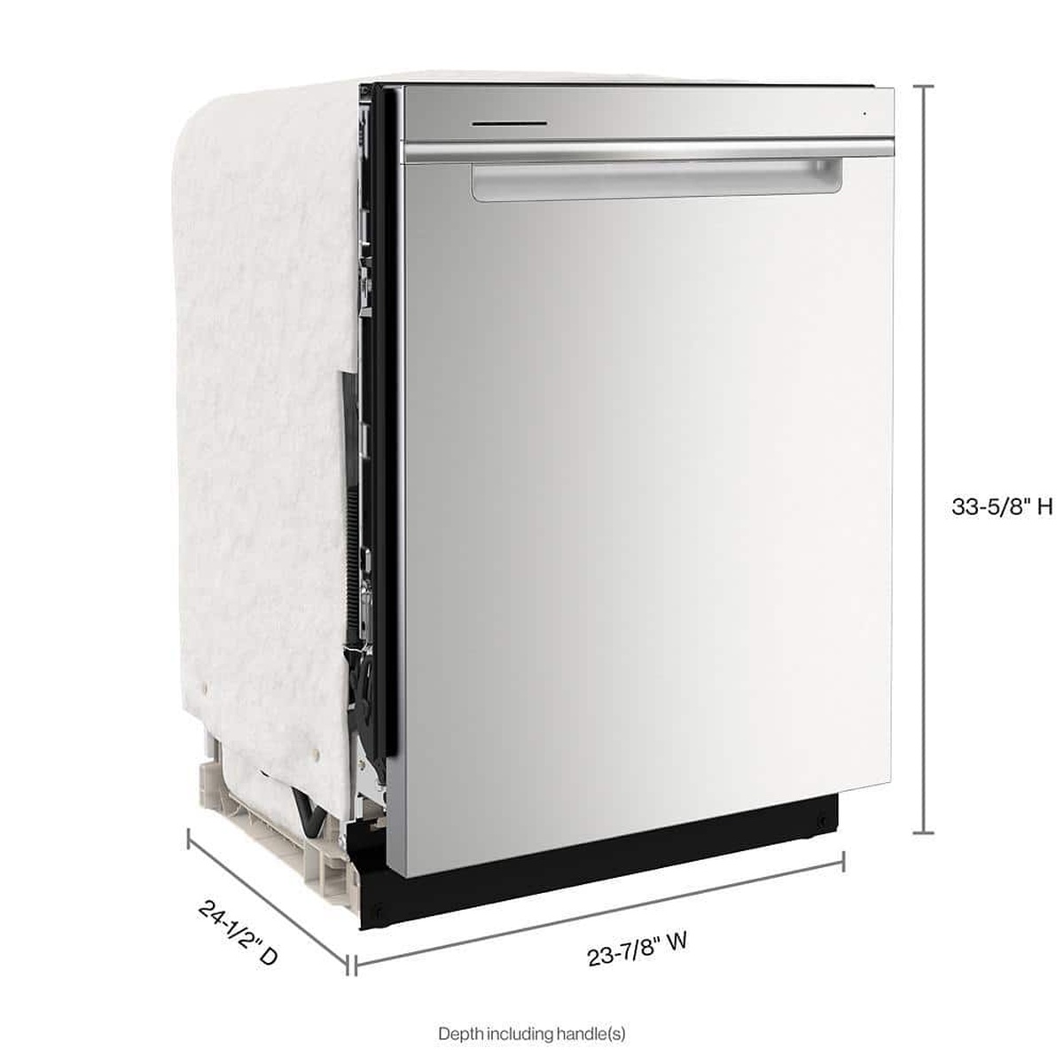 Angled view of a stainless built-in dishwasher with labeled width, depth, and height measurements