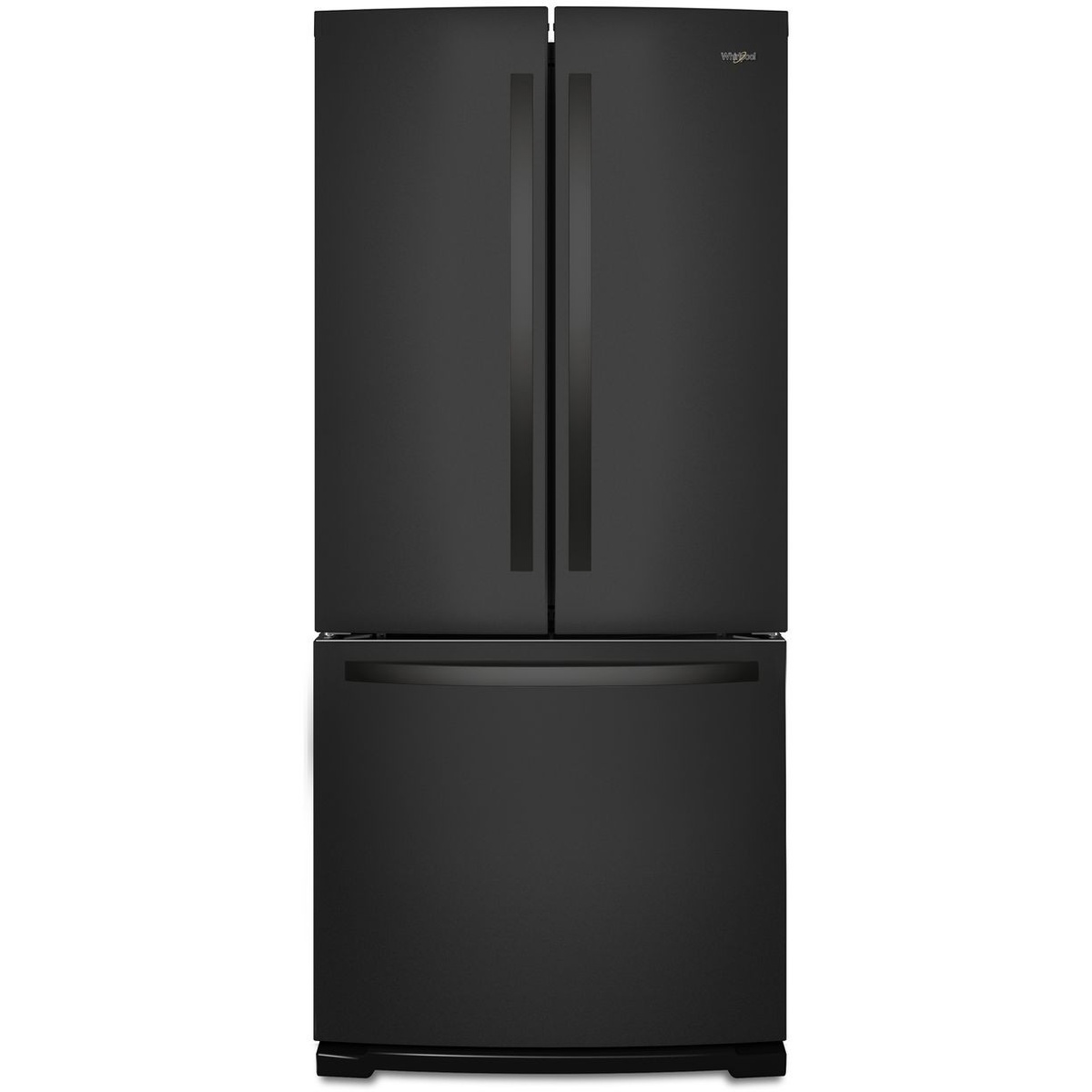 Front view of a black Whirlpool French door refrigerator with a bottom freezer drawer
