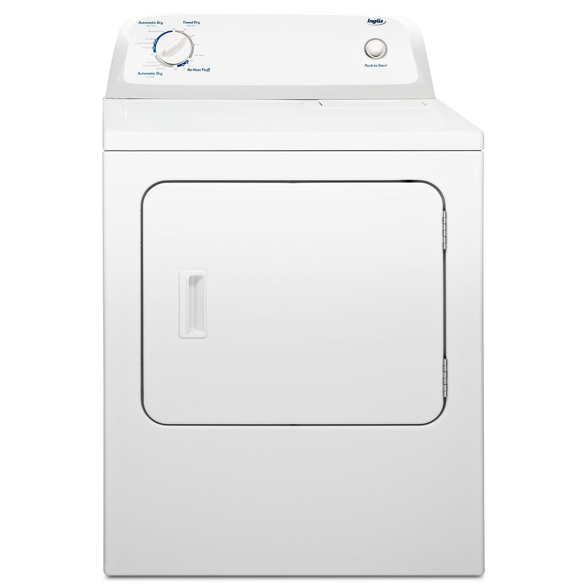 Front view of a white Inglis electric dryer with a cycle selection dial labeled Automatic Dry and Timed Dry and a Push to Start button