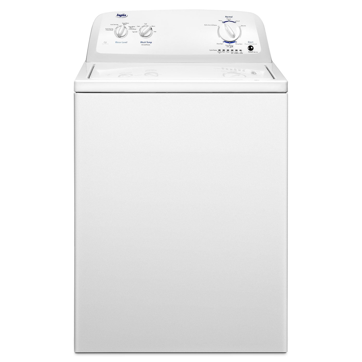 Front view of a white Inglis top-load washing machine with a rear control console