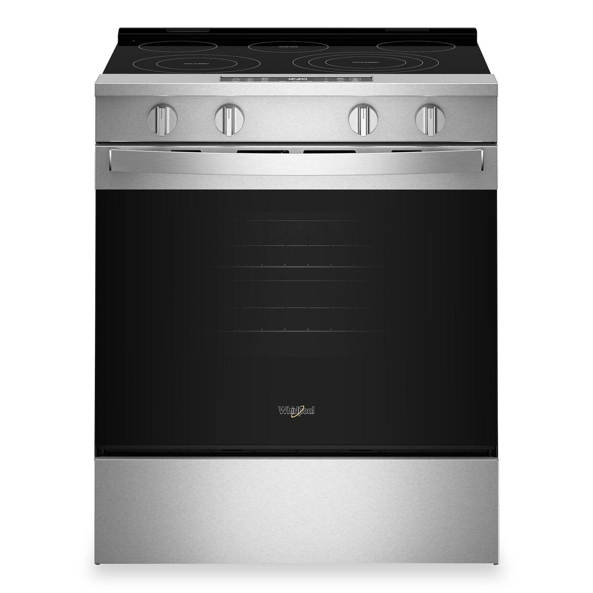 Front view of a Whirlpool freestanding electric range in stainless steel with a smooth glass cooktop and lower storage drawer.