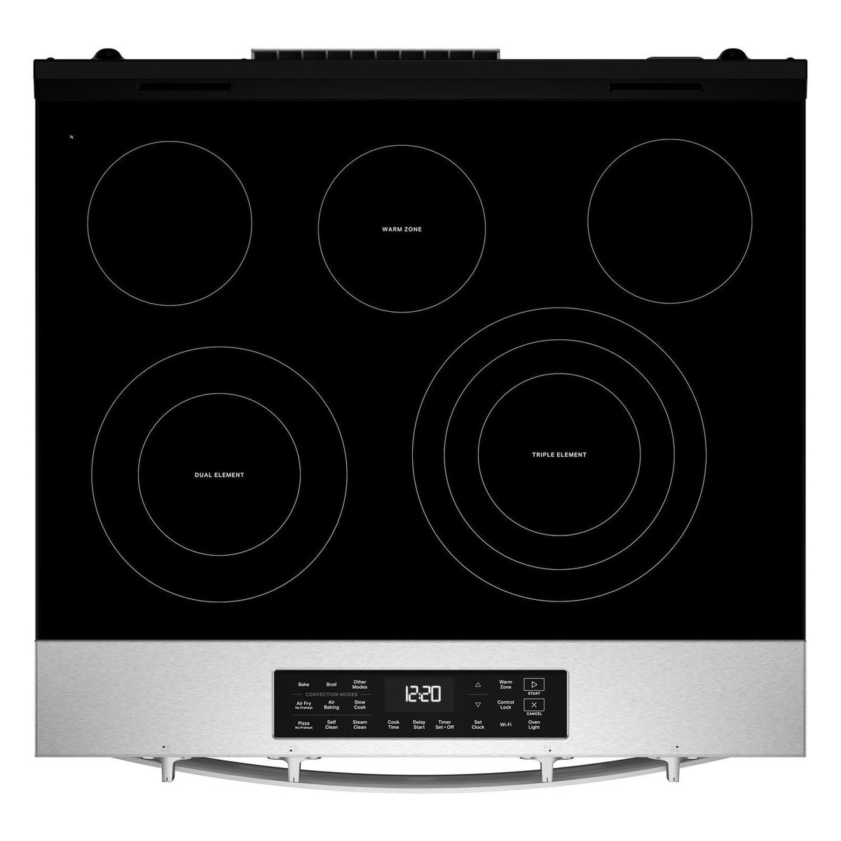 Top-down view of the range showing a smooth black glass cooktop with labeled warm zone, dual element, triple element, and the front touch control panel.