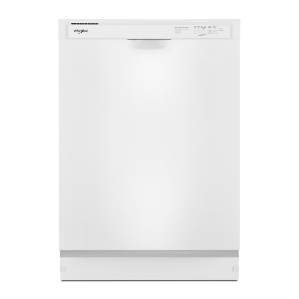 Front view of a white Whirlpool built-in dishwasher with a fully visible front control panel and recessed pocket handle