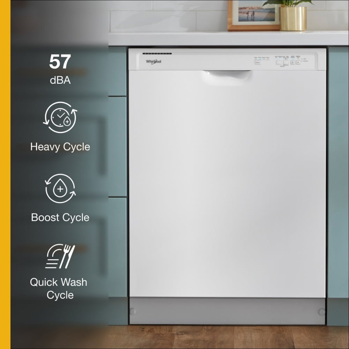 White Whirlpool dishwasher installed under a counter with on-image callouts for 57 dBA, Heavy Cycle, Boost Cycle, and Quick Wash Cycle