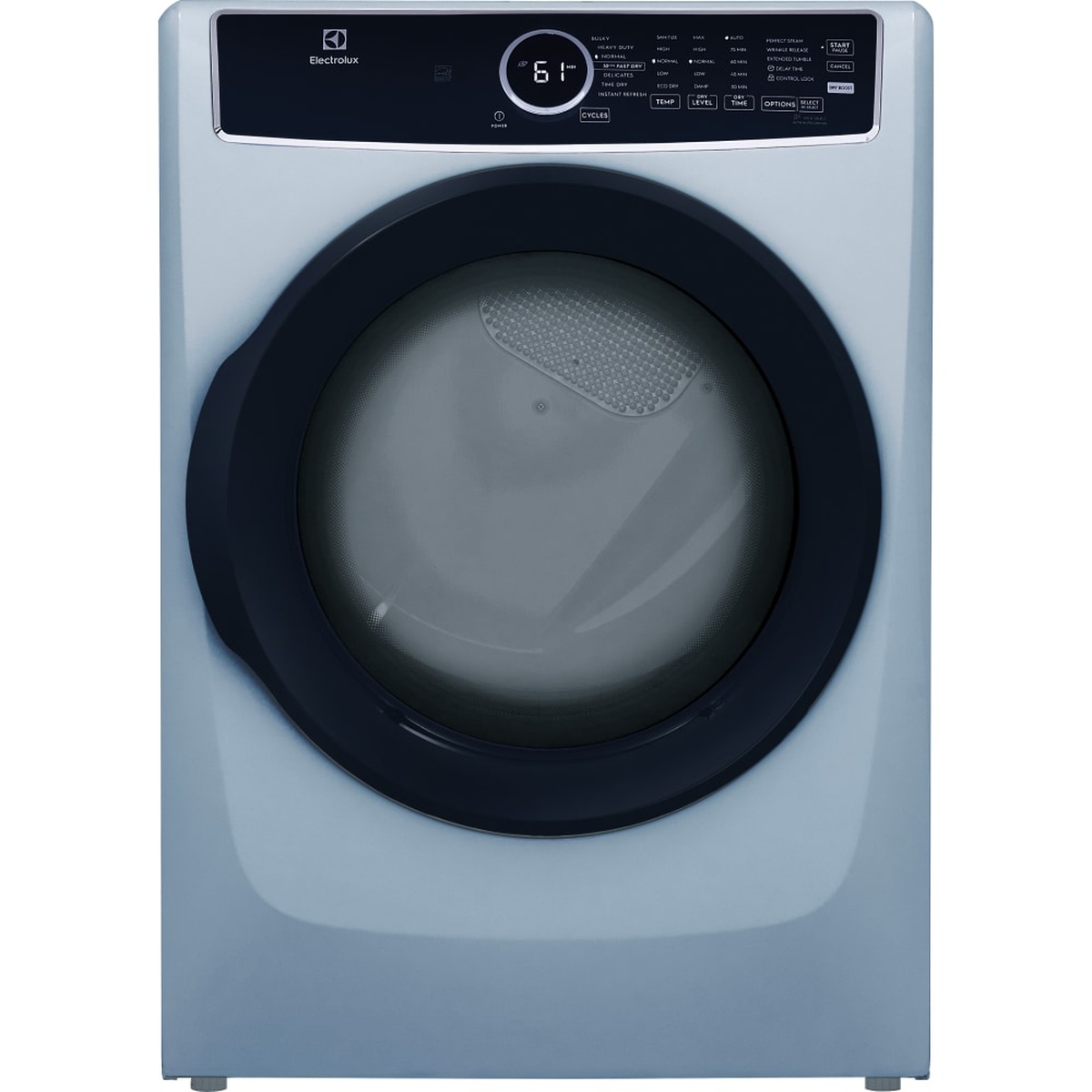 Front view of the Electrolux ELFE743CAG glacier blue front-load dryer with digital display and large round door
