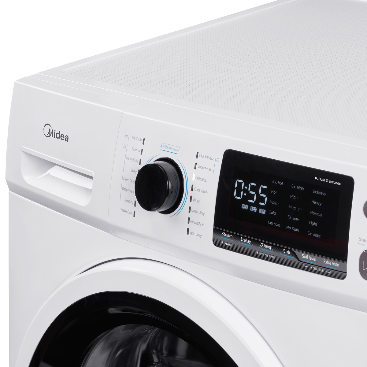 Close-up of the Midea washer control panel with cycle knob, digital display, and steam option label
