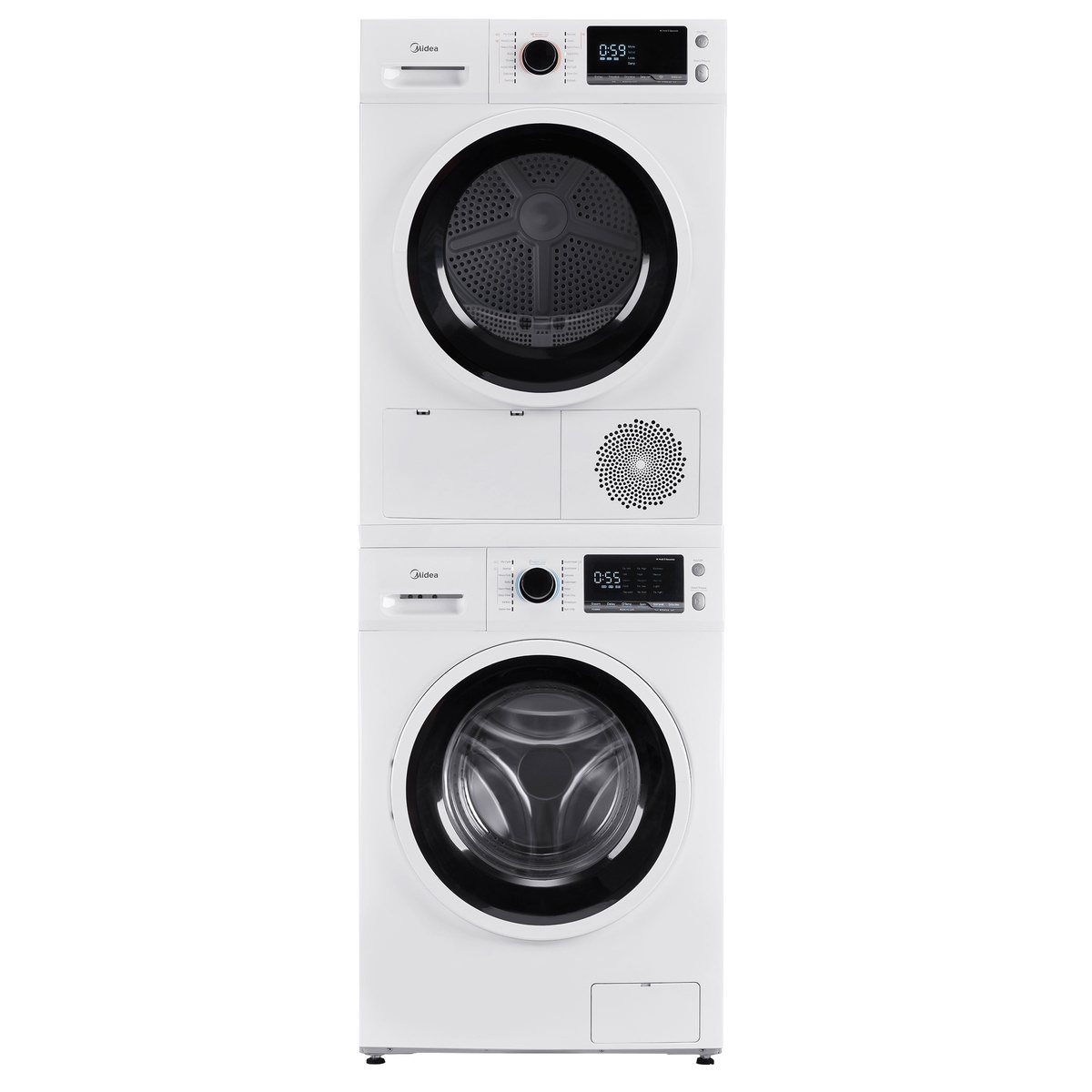 Midea compact washer shown stacked beneath a matching dryer in a vertical laundry setup