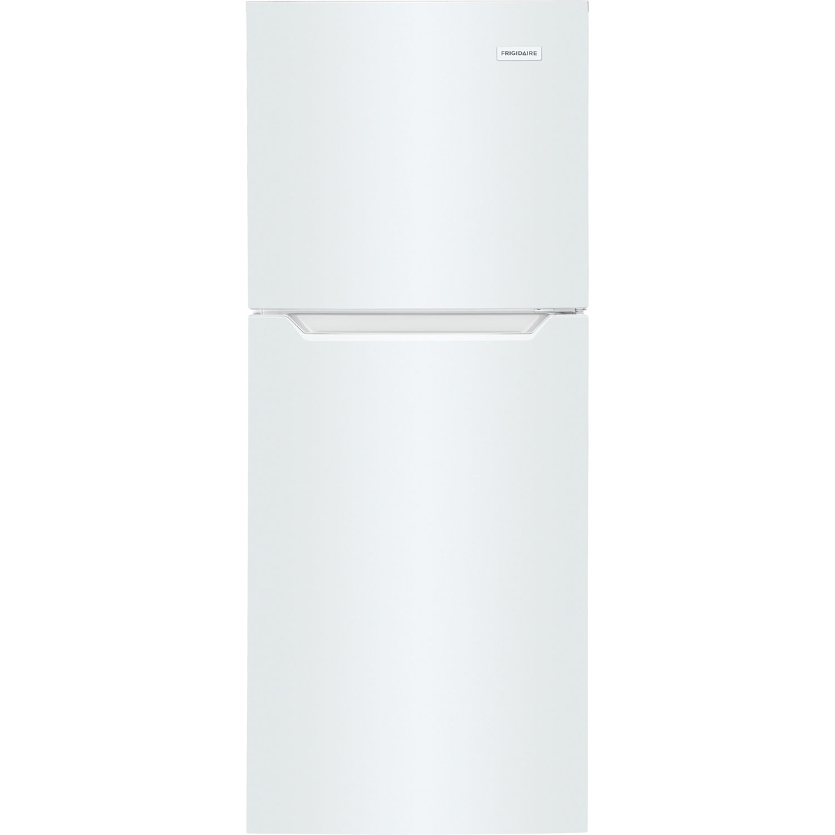 Front view of a white Frigidaire top-freezer refrigerator with a compact, clean design