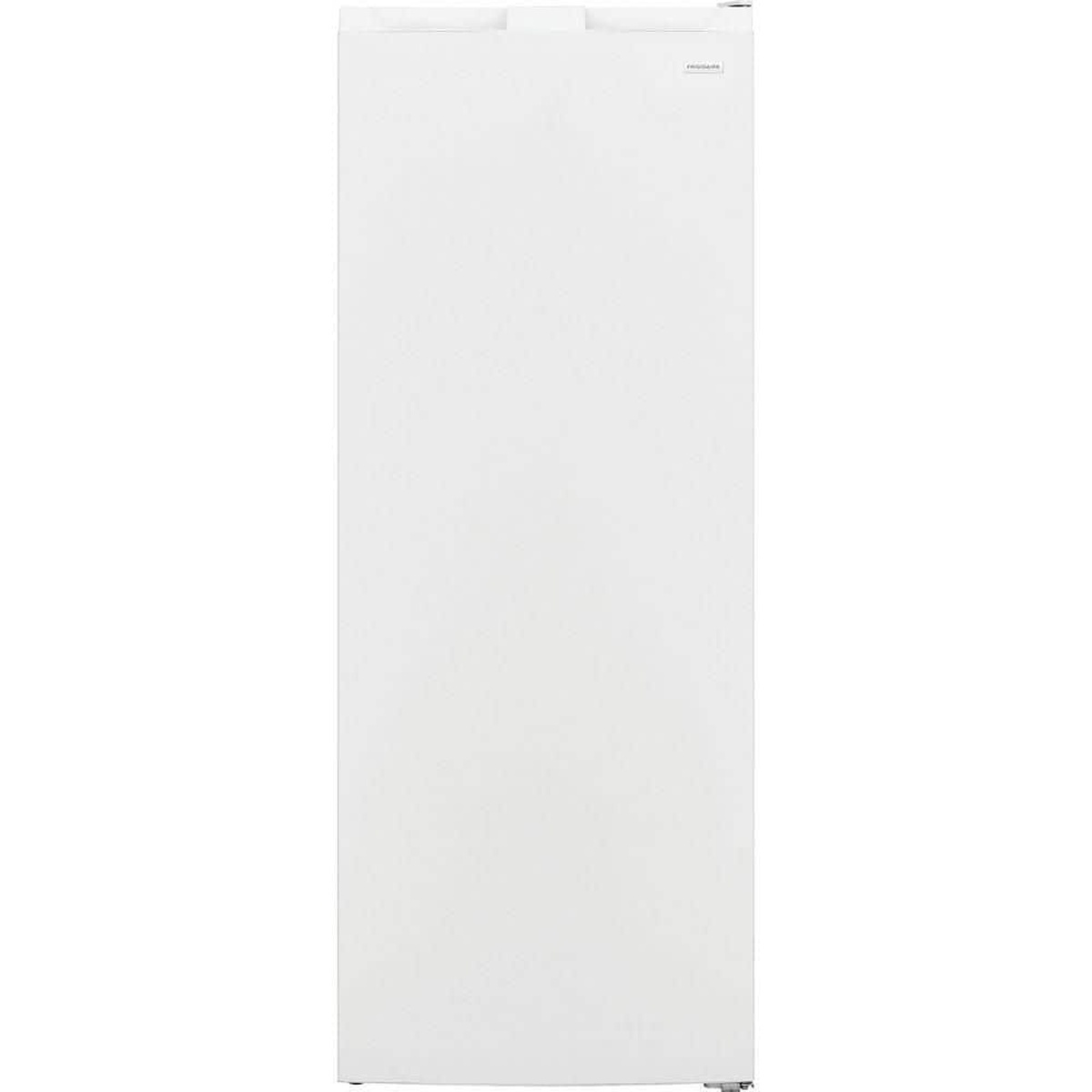 Front view of a white Frigidaire upright freezer with a smooth door and small brand badge
